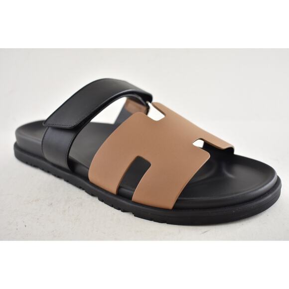 Hermes Chypre Sandal Mens Black Naturel Safari Leather H Logo Slide Flat 45 12 - Picture 4 of 13
